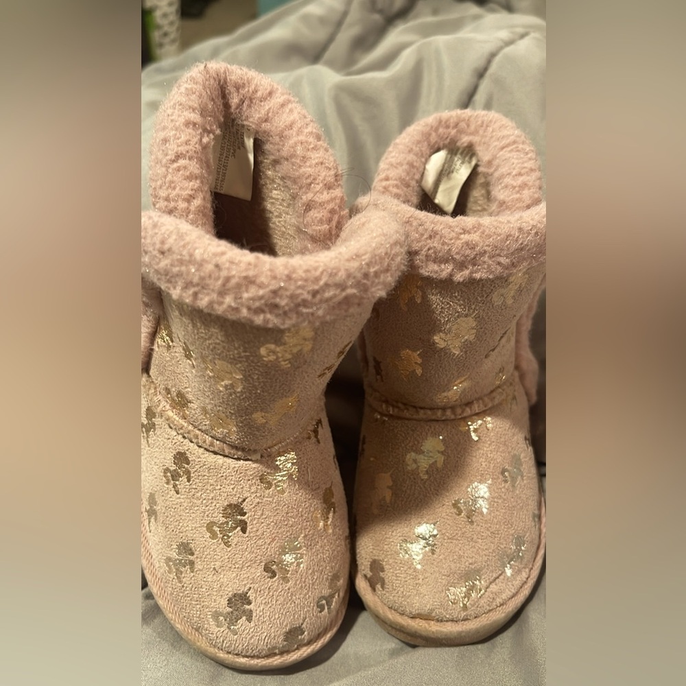 Pink with gold unicorn faux fur lined boots